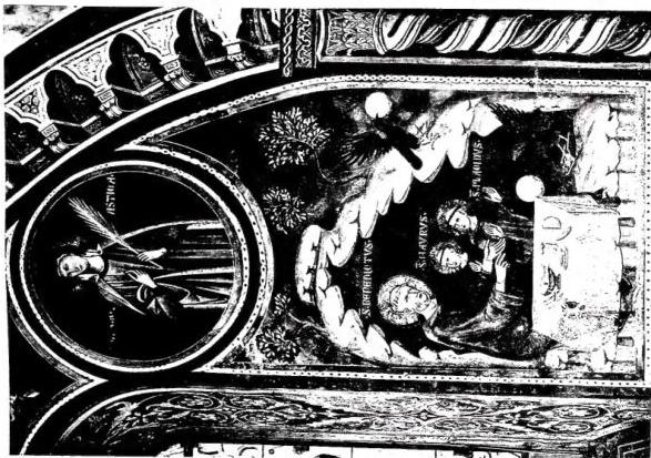 A sinistra: MORTE DI S. SCOLASTICA. Affresco del sec. XIV - Subiaco, S. Speco. A destra: MEDAGLIONE CON S. SCOLASTICA; in basso s. Benedetto comanda al corvo di portare via il pane avvelenato. Affresco di Maestro Consolo e aiuti (sec. XIII) - Subiaco, S. Speco, chiesa inferiore.
