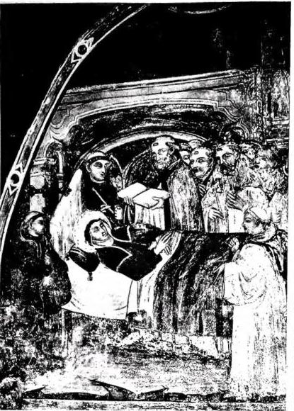 Left: DEATH OF ST. SCHOLASTICA. Fresco of the 14th cent. - Subiaco, Sacro Speco. Right: MEDALLION WITH ST. SCHOLASTICA; below St. Benedict commands the raven to carry away the poisoned bread. Fresco by Maestro Consolo and assistants (13th cent.) - Subiaco, Sacro Speco, lower church.
