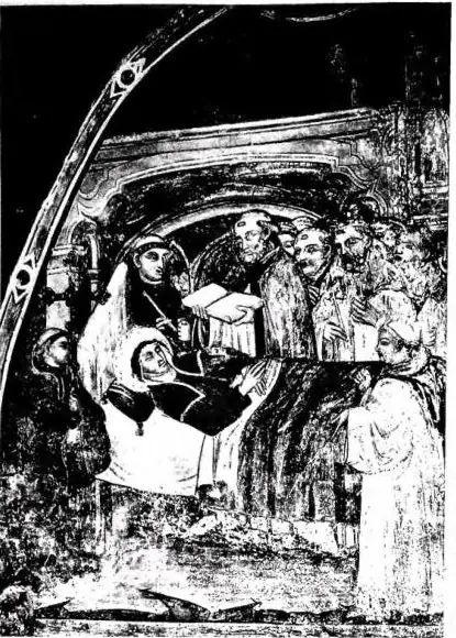 Left: DEATH OF ST. SCHOLASTICA. Fresco of the 14th cent. - Subiaco, Sacro Speco. Right: MEDALLION WITH ST. SCHOLASTICA; below St. Benedict commands the raven to carry away the poisoned bread. Fresco by Maestro…