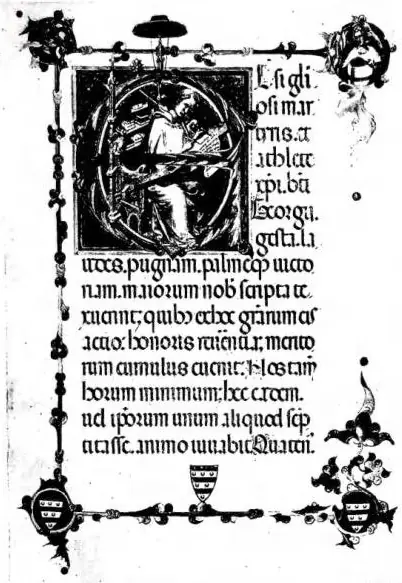 A sinistra: IL CARD. STEFANESCHI INTENTO A SCRIVERE LA «YSTORIA DE BEATI GEORGII MARTIRIS MIRACULIS». Miniatura di scuola senese, nel Prologo del Codice di S. Giorgio (ca. 1340) - Biblioteca Vaticana, Arch. cap. di S. Pietro, cod. C. 129, f. 107. A destra: IL CARD. STEFANESCHI PRESENTA A S. PIETRO I
