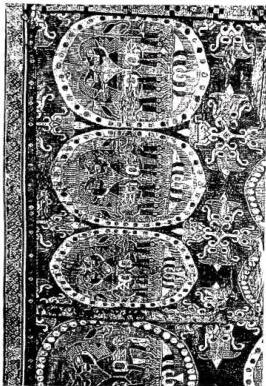 Left: BYZANTINE FABRIC in red, yellow, green, blue and white silk, with a beast hunt (7th-8th cent.) - Museo Sacro Vat., Treasure of the Sancta Sanctorum. Above right: FABRIC FROM ASIA MINOR (Iran?) in white, green, orange, purple, grey and cream silk, with lions (8th-9th cent.). Note the galloons (periclysin da chysoclavo or «de fundato») - Museo Sacro Vat., Treasure of the Sancta Sanctorum. Below right: GOLD BROCADE with decorative motifs of the Chinese type. Detail of the dalmatic found in the tomb of Benedict XI (d. 1304) - Perugia, church of S. Domenico.