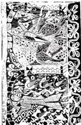 Left: RED SILK FABRIC WITH EMBROIDERY (late 13th cent.). Detail of the cope from England, donated by the b. Pius X to the Museo Sacro Vaticano. Above right: FABRIC with the depiction of the months of April and May, from the Church of Baldishol (1100) - Oslo, Kunstindustrimuseet. Below right: BYZANTINE FABRIC (10th-11th cent.). Chasuble of St. Albuinus, woven in silk; the eagles and rosettes are blackish-green, the background is red-purple - Bressanone, Cathedral Treasury.