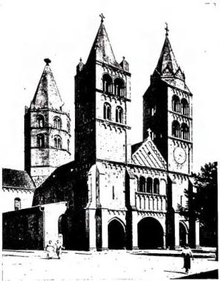 Above left: EXTERIOR OF THE CHURCH of St. Leodegar at Guebwiller (12th cent.). Above right: CHURCH OF ST. MARTIN, built in the 13th cent. - Colmar. Below left: FOUNTAIN OF EMPEROR CONSTANTINE (1521) and portal of the Church (13th cent.) - Kaysersberg. Below right: ABBEY CHURCH built in 1175 on a Cistercian plan in the Lombard-Rhenish Romanesque style - Murbach.