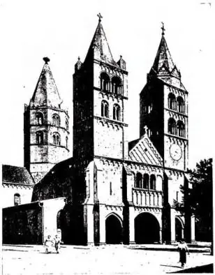Above left: EXTERIOR OF THE CHURCH of St. Leodegar at Guebwiller (12th cent.). Above right: CHURCH OF ST. MARTIN, built in the 13th cent. - Colmar. Below left: FOUNTAIN OF EMPEROR CONSTANTINE (1521) and portal of the Church (13th cent.) - Kaysersberg. Below right: ABBEY CHURCH built in 1175 on a Cis