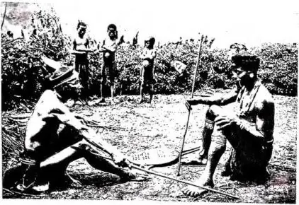 Above left: SORCERERS ENGAGED IN THEIR PRACTICES (1934). Mariannini Mission (Africa). Above right: A YOUNG WARRIOR consults a witch to obtain remedies for protection against the evil eye and spells (1935). Mariannini Mission (Africa). Below left: A WITCH-DOCTOR induces a sick man, submissive and tru
