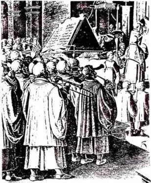 In alto a sinistra: STRUMENTI MUSICALI ANTICHI. Da sinistra a destra: naulo, salterio, timpano, cetra, campanella, tromboni, tuba, pennula, chorus. Miniatura del Salterio-Innario con glosse dell'abate Odberto di St-Bertin (999) - Boulogne-sur-Mer, Bibl. municipale 20, f. 2°. In alto a destra: CAPPEL