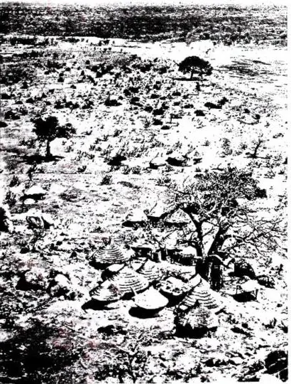 Left: PLAIN OF DAR NUBA. In the background the mountain of Cordofan. Above right: RUINS OF A CHURCH AT FIGIR 'ANTAWU (Nubia). Below right: DETAIL OF A NATIVE VILLAGE, with the hut of a deceased chief, in front of which are displayed all the weapons and tools of war that belonged to him.
