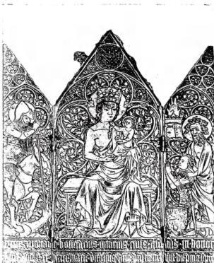 Above left: COPPER TRIPTYCH OFFERED BY BONIFACIO ROTARIO D'ASTI (1 September 1358) for the sanctuary of Rocciamelone then being built. Centre: Madonna and Child; left: St. George, right: St. Joseph presenting the donor - Susa, Cathedral. Above right: MARY ANNUNCIATE, formerly believed to be Adelaide, countess of Turin, wife of Oddone count of Savoy. Wooden statue of the 16th cent. Below: PARTIAL PANORAMA with the Lombard bell tower (11th cent.) of the church of S. Giusto, now cathedral; the spires are from the end of the 15th cent. On the right the bell tower of the church of S. Maria Maggiore (11th cent.), now converted into a dwelling (on the right).