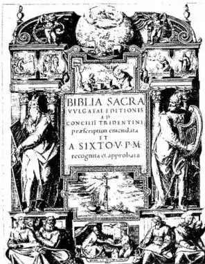 In alto: FRONTESPIZIO E INIZIO DEL CANTICO DEI CANTICI DALLA BIBBIA VOLGATA, pubblicata da Sisto V (Roma 1590), senza tener conto delle lezioni adottate dalla commissione del card. Caraffa. Si notino le plegulus incollate per ordine del Papa, per modificare il testo già pubblicato: Cantica per Canti