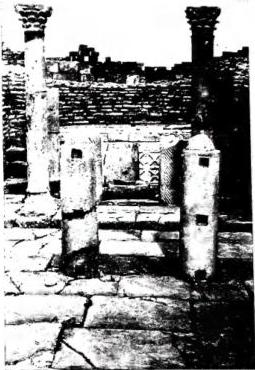 Above left: CHRISTIAN CEMETERY of Timgad. Centre: DEDICATORY INSCRIPTION OF THE CIVITAS TAMOGADIENSIS OF 539 - Timgad, Museum. Below: CHRISTIAN LAMPS, with reliefs depicting Christ among the angels, St. Paul, the sacrifice of Abraham, the three youths in the furnace (5th cent.) - Timgad, Museum. Above right: CHAPEL IN THE BYZANTINE FORT with adjoining baptistery - Timgad. Below: INSCRIPTION WITH THE INVOCATION "CHRISTE TU SOLUS MEDICUS" (5th cent.) - Timgad, Museum.