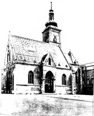 Above left: EXTERIOR OF THE CHURCH OF S. MARCO (13th cent.), restored in the 19th cent. - Zagreb. Above right: CATHEDRAL transformed in Gothic style in the 19th cent. The Archbishop's Palace was rebuilt in the 18th cent. - Zagreb. Below left: ENTRANCE TO THE ARCHBISHOP'S PALACE (18th cent.) - Zagreb