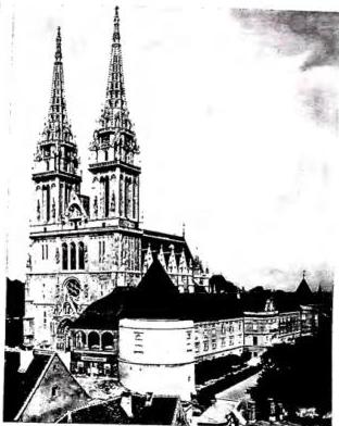 Above right: CATHEDRAL transformed in Gothic style in the 19th cent. The Archbishop's Palace was rebuilt in the 18th cent. - Zagreb. Below left: ENTRANCE TO THE ARCHBISHOP'S PALACE (18th cent.) - Zagreb. Below right: PORTAL OF THE CATHEDRAL (late 19th cent.) - Zagreb.