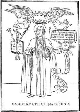 Above left: WOODCUT ILLUSTRATION of the Aldine edition of the Epistles of St. Catherine - Venice, 1500. Above right: DEDICATION TO LOREDANA GRIMANI of the book by D. Medaglia Faini, Versi e prose, Salò 1774. Below right, in smaller type, the word "catchword" is visible. Below left: INTERIOR OF A PRINTING HOUSE. 16th-cent. miniature of the French school - Paris, National Library, cod. franc. 1537, containing the Chants royaux du Puy de Rouen, f. 29°. Below right: ILLUMINATED PAGE OF AN EDITION OF THE CODEX OF JUSTINIAN, Venice, De Tortis, 1515.