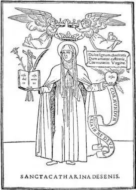 Above left: WOODCUT ILLUSTRATION of the Aldine edition of the Epistles of St. Catherine - Venice, 1500. Above right: DEDICATION TO LOREDANA GRIMANI of the book by D. Medaglia Faini, Versi e prose, Salò 1774. Below right, in smaller type, the word "catchword" is visible. Below left: INTERIOR OF A PRI