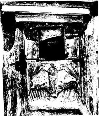 CHRISTIAN HOUSE DISCOVERED UNDER THE TITLE OF SS. JOHN AND PAUL. Above left: Interior of the "Confessio" with "fenestella" and pictorial decoration (4th cent.) built at half-height of the house on the Clivus Scauri (3rd cent.). Above right: Entrance of the vestibule of the house (3rd cent.) on the Clivus Scauri (the staircase beside it is modern). Below: Pictorial decoration with orant (2nd half of the 3rd cent.) of the vestibule of the 3rd-cent. house - Rome.
