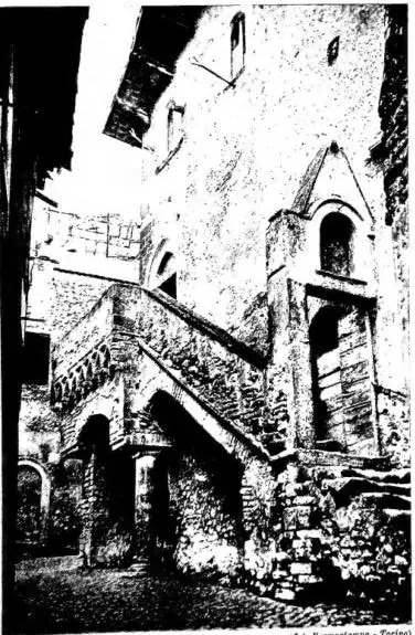 Left: 14TH-CENT. HOUSE - Tivoli. Above right: THE ROCCA PIA, built by order of Pope Pius II (ca. 1459). Below right: INTERIOR OF THE CHURCH OF ST. PETER OR DELLA CARITÀ (12th cent.), restored after the bombings of 1944 - Tivoli.