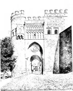 In alto a sinistra: LA PORTA DEL SOLE in stile moresco, restaurata nel sec. XIX - Toledo. In alto a destra: PARTICOLARE DEL CHIOSTRO DI S. GIOVANNI DEI RE (secc. XV-XVI) - Toledo. In basso: SINAGOGA DEL TRANSITO (1366) - Toledo.