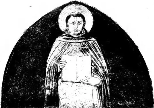 ST. THOMAS AQUINAS, fresco by Beato Angelico (1435-45) - Florence, Museo di S. Marco. Below: VISION OF ST. THOMAS, painting by Giovanni di Stefano known as il S