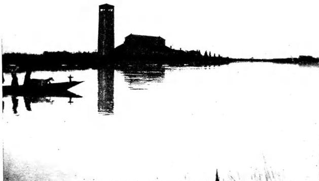 Above: VIEW of the Cathedral and bell tower. Below: AERIAL VIEW of Torcello. In the foreground dome of S. Fosca.