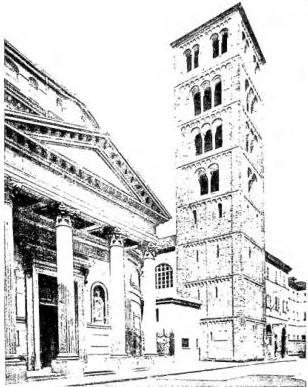 Above left: FACADE (1st half 18th cent.) AND BELL TOWER (10th-11th cent.) of the Sanctuary of the Consolata - Turin. Above right: THE CHURCH OF S. PIETRO (11th cent. with lateral additions of the 14th-15th cent.) - Avigliana. Below: AERIAL VIEW of Piazza Castello and Via Roma - Turin.