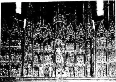 In alto a sinistra: FONTE BATTESIMALE detto di Papa Luna, omia dell'ami-papa Benedetto XIII (sec. xv) - Tortosa, Cattedrale. In basso a sinistra: POLITICO DELL'ALTARE MAGGIORE DELLA CATTEDRALE (2ª metà del sec. xiv) - Tortosa. A destra: CROCIERA E ABSIDE DELLA CATTEDRALE, iniziata nel 1347 - Tortosa