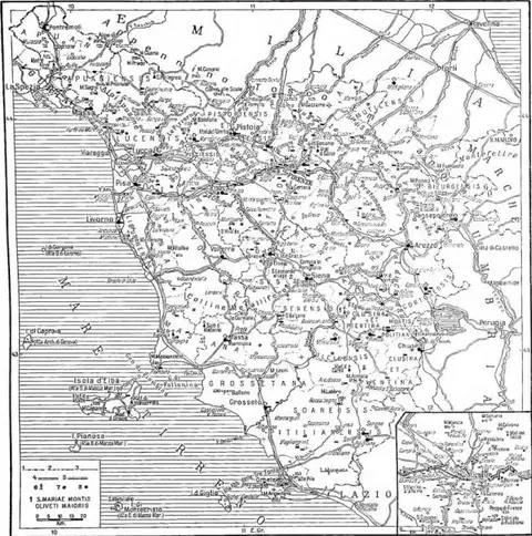 1) Region boundaries; 2) Province boundaries; 3) ecclesiastical district boundaries; 4) roads; 5) railways; 6) oratories; 7) abbeys; 8) parish churches.