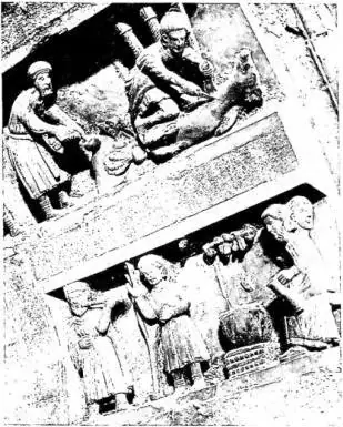 Above left: THE MONTHS OF AUTUMN (above) and of winter (below). Reliefs of the 1st half of the 13th cent., in the archivolto of the Portal of the Parish Church of S. Maria - Arezzo. Above right: ALTARPIECE in marble, with the Madonna and Child and St. John B., between SS. Leonard and Remigius, and a
