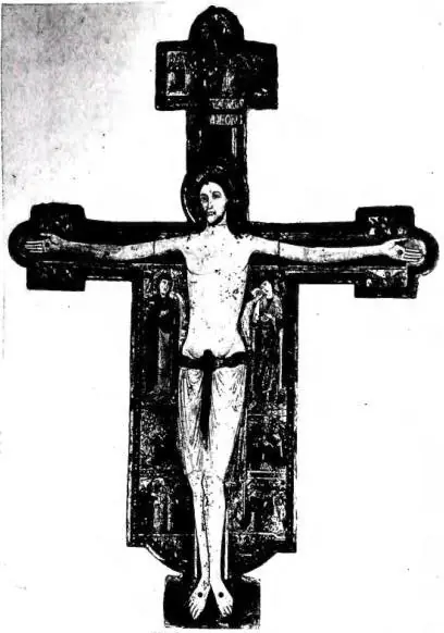 Left: CRUCIFIX painted on wood with the Madonna at the sides, St. John and scenes of the Life and Passion of Jesus, work by fra Guglielmo (1138) - Sanzana, Cathedral. Above right: JESUS CHRIST AND ST. JOHN. Detail of the Last Supper, painted by A. Allori (1581-82) in the former Refectory of the conv
