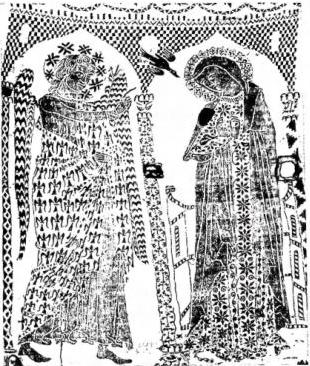 Above left: CLOTH KNOWN AS THAT OF BL. BENVENUTA BOIANI (length 4.76, width 1.55) with white-on-white embroidery (2nd half 13th cent.). Detail with the Annunciation - Cividale, church of S. Pietro dei Volti. Above right: CLOTH FROM ACHMIMPANOPOLIS (13th-15th cent.). Probably an altar cloth (length 1.56, width 1.20) - Biblioteca Vaticana, Museo Sacro. Below: DETAIL OF THE ALTAR CLOTH FROM THE SANCTA SANCTORUM (ca. 1200). German embroidery (!) on linen in chain stitch in white, with wide open eyelet (length 3.62, width 1.15) - Biblioteca Vaticana, Museo Sacro.