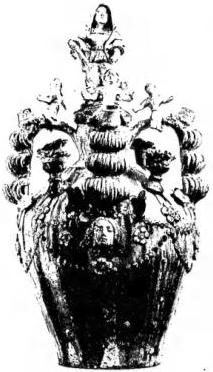Above left: AMPHORA in ceramic from Oristano (Cagliari). Below left: WINE PITCHER (cup) in linden wood with Bacchic motifs. Local art by C. Cerlogne of S. Nicolas. Prop. A. Millery-Avise-Arvier. Above right: WEDDING CEREMONY with traditional costumes of Letino (Campobasso). Centre: CRADLE with polychrome wooden bow, typical of the Aosta Valley. Below right: DETAIL OF THE KITCHEN of the castle of Avise (Aosta) with pewter and copper tableware.