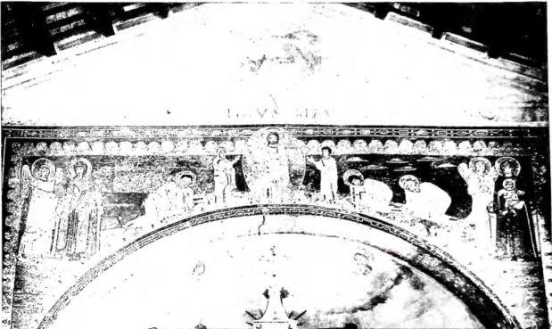 Above: THE TRANSFIGURATION. Left: The Annunciation; right: an angel with the Madonna and Child. Mosaic from the time of Leo III (795-816) on the triumphal arch of the church of SS. Nereo e Achilleo - Rome. Below left: TRANSFIGURATION. A grey-yellowish halo surrounds Christ, Moses beardless and Elijah bearded. Miniature of the 9th cent. - Paris, Bibliothèque nationale, ms. grec 510, f. 75, containing the Sermons of St. Gregory of Nazianzus. Below right: THE TRANSFIGURATION. Bronze bas-relief. Detail of the north Door of the Florence Baptistery. Work by L. Ghiberti (1403-24).