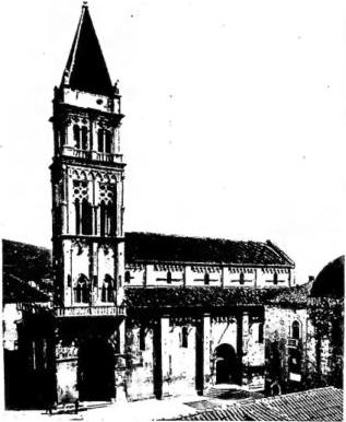 Above left: EXTERIOR OF THE CATHEDRAL (13th cent.) - Traù. Above right: PORTAL OF THE CATHEDRAL (13th cent.), work by the Croatian sculptor Radovan - Traù. Below left: COURTYARD and staircase of the Town Hall (15th cent.) - Traù. Below right: CHURCH OF ST. DOMINIC (14th cent.) - Traù.