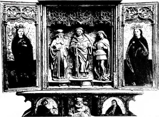 Above: ALTAR TRIPTYCH of the 16th cent. in the small church of S. Stefano at Fornace. Below: CARD. BERNARDO CLESIO. Portrait frescoed by Romanino (1534) in the Hall of the Emperors of the castle of Buon Consiglio - Trento.