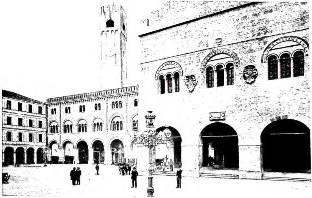 Above: TOWN HALL (begun in the early 13th cent.), with city tower (mid-13th cent.), after restoration - Treviso. Below left: APSES AND BELL TOWER OF THE CHURCH OF S. NICCOLÒ (early 14th cent.) - Treviso. Below right: INTERIOR OF THE CATHEDRAL, rebuilt in the 18th cent. by G. Riccati and P. Lamberti - Treviso.