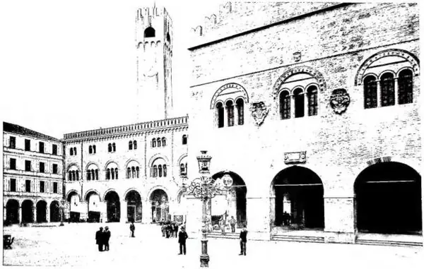 Above: TOWN HALL (begun in the early 13th cent.), with city tower (mid-13th cent.), after restoration - Treviso. Below left: APSES AND BELL TOWER OF THE CHURCH OF S. NICCOLÒ (early 14th cent.) - Treviso. Below right: INTERIOR OF THE CATHEDRAL, rebuilt in the 18th cent. by G. Riccati and P. Lamberti 