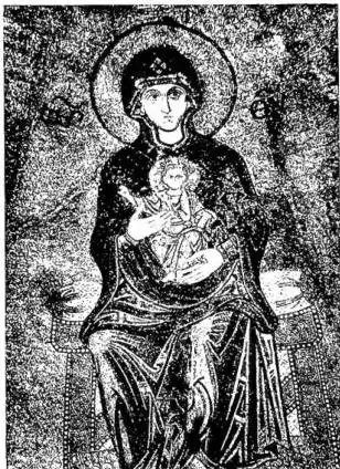 In alto a sinistra: MADONNA COL. BAMBINO IN TRONO, particolare del musaico absidale (ca. 1200) dall'antica basilica dell'Assunta, ora navata laterale sinistra della Cattedrale - Trieste. In alto a destra: PAVIMENTO MUSIVO della Basilica paleocristiana scoperto nella Cattedrale di S. Giusto - Trieste