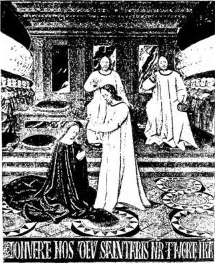 Above left: THE MOST HOLY TRINITY UNDER THE SEMBLANCE OF THREE HUMAN PERSONS. The Son crowns Mary Most Holy. Miniature by Jean Fouquet (1452-60) in the Book of Hours of Etienne Chevalier - Chantilly, Musée Condé. Above right: THE MOST HOLY TRINITY UNDER THE SEMBLANCE OF A TRIPLE HUMAN FACE appears to St. Augustine celebrating Holy Mass, after a pious woman came to disturb him during meditation (left). Detail of the Life of St. Augustine, painted in eight panels by the Master of Villa d'Utta (late 15th cent.) - Novacella, Pinacoteca dell'Abbazia. Below left: THE MOST HOLY TRINITY, at the sides Mary Most Holy with the Child and St. Sebastian. Miniature of 1503 in the Book of the confraternity of S. Sebastiano - Ried i. Innkreis. Below right: UNITY AND TRINITY OF GOD, Incarnation Passion and Death of Our Lord Jesus Christ. Canvas of the school of Cignani (18th cent.). Forlimpopoli, church of S. Ruñilo.