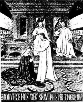 Above left: THE MOST HOLY TRINITY UNDER THE SEMBLANCE OF THREE HUMAN PERSONS. The Son crowns Mary Most Holy. Miniature by Jean Fouquet (1452-60) in the Book of Hours of Etienne Chevalier - Chantilly, Musée Condé. Above right: THE MOST HOLY TRINITY UNDER THE SEMBLANCE OF A TRIPLE HUMAN FACE appears t