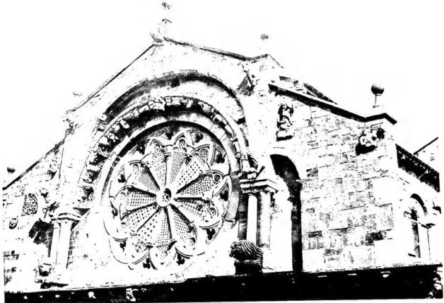 Above: DETAIL OF THE FACADE OF THE CATHEDRAL (12th cent.) - Troia. Below left: A LION OF THE APSE WINDOW (last decade of the 12th cent.) - Troia, Cathedral. Centre: SILVER BUST OF ST. PONZIANO POPE MARTYR, by Ignazio d'Urso (1688) - Troia, Tesoro della Cattedrale. Below right: A CAPITAL (1st twenty years of the 12th cent.) - Troia, Cathedral.