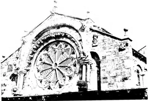 Above: DETAIL OF THE FACADE OF THE CATHEDRAL (12th cent.) - Troia. Below left: A LION OF THE APSE WINDOW (last decade of the 12th cent.) - Troia, Cathedral. Centre: SILVER BUST OF ST. PONZIANO POPE MARTYR, by Ignazio…