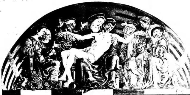 Above: THE PIETÀ. Cymatium of the Roverella Altarpiece (ca. 1474) formerly in S. Giorgio in Ferrara - Paris, Louvre Museum. Below: CAPTURE AND MARTYRDOM OF ST. MAURELIUS - Ferrara, Pinacoteca.