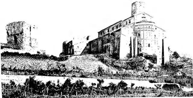 Above: SIDE AND APSE of the church of S. Pietro. The apse is of the 8th cent. - Tuscania. Below: FACADE of the church of S. Maria Maggiore (late 8th cent. - 12th cent.) - Tuscania.
