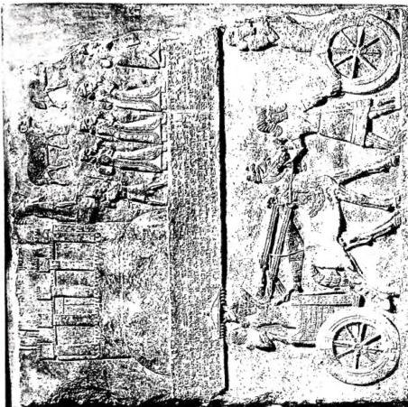Left: RELIEF REPRODUCING A SERVANT OF TIGLATH-PILESER with hands crossed in a sign of reverence. Right: RELIEFS FROM THE PALACE OF NIMRUD. Above: warriors return with prisoners and sheep from a conquered city; centre: cuneiform inscription; below: Tiglath-Pileser on the chariot.