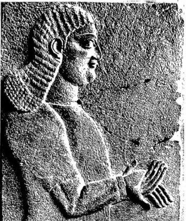 Left: RELIEF REPRODUCING A SERVANT OF TIGLATH-PILESER with hands crossed in a sign of reverence. Right: RELIEFS FROM THE PALACE OF NIMRUD. Above: warriors return with prisoners and sheep from a conquered city; centre: cuneiform inscription; below: Tiglath-Pileser on the chariot.