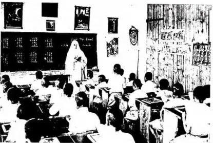 Above left: INTERIOR of the church of Bukalagi. Below left: ARITHMETIC LESSON for small natives - Kisubi. Right: A RESIDENCE OF THE WHITE FATHERS.