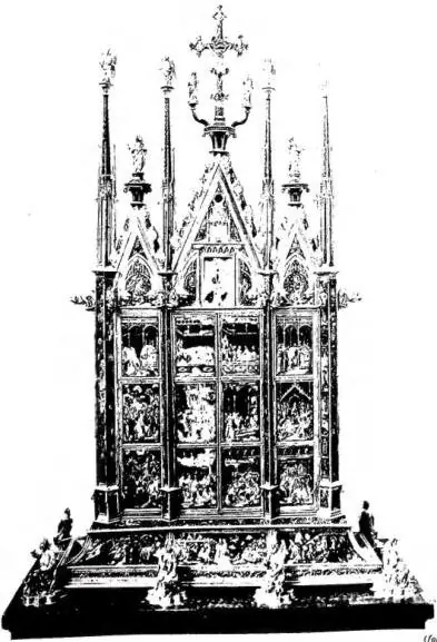 THE RELIQUARY OF THE MOST HOLY CORPORAL, by Ugolino di Vieri and assistants (1338). Left: the recto. From top and from left to right, stories relating to the Miracle: 1) Miracle of Bolsena; 2) Urban IV priest; 3) Urban IV bishop; 4) The bishop at Bolsena; 5) The bishop goes toward Orvieto; 6) The Po