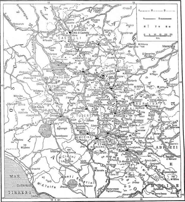 1. Regional boundaries - 2. Provincial boundaries - 3. Boundaries of ecclesiastical district - 4. Roads - 5. Railways - 6. Oratories - 7. Parish churches - 8. Abbeys.