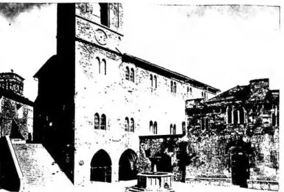 Above left: PIAZZA DELLA LIBERTÀ IN BEVAGNA: on the left the Palazzo dei Consoli (late 13th cent.), on the right the church of S. Silvestro (1195). The fountain is of 1889. Above right: FACADE of the abbatial church of S. Bevignate (late 13th cent.) - Perugia. Below left: PIAZZA VITTORIO EMANUELE IN