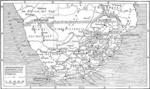1) State borders; 2) colony borders; 3) ecclesiastical district borders; 4) railways.