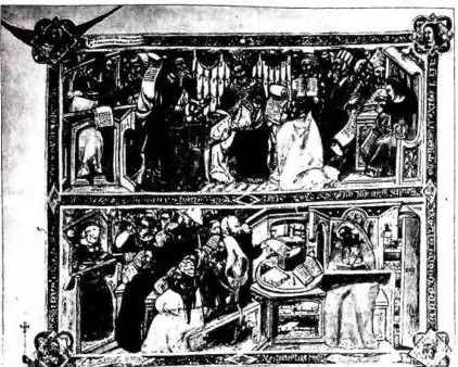 Right: GIOVANNI D'ANDREA PRESENTS THE DECRETALS TO THE POPE (above) and the lecture, on the right a copyist in the act of tracing a codex (below). Miniature by Niccolò di Giacomo da Bologna (c. 1320) illustrating the Novella super Decretalibus - Biblioteca Vaticana, cod. Vat. lat. 1456, f. 1°. Right